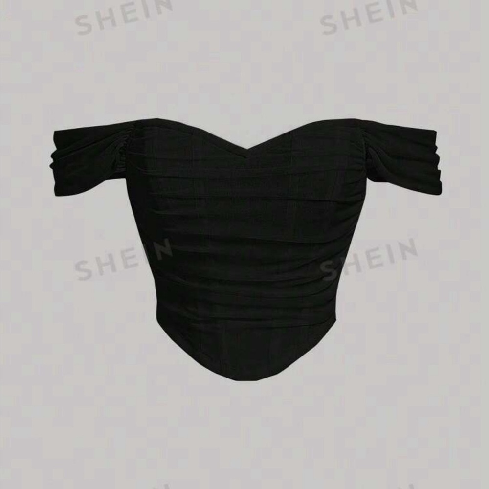 Off Shoulder Ruched Asymmetrical Hem Ruched Waist Fish Bone Decoration Crop Top
